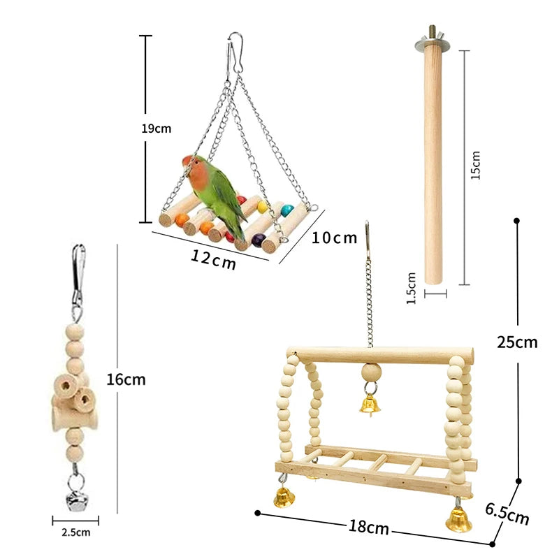 8 Pieces Combination Parrot Bird Toys Natural Wood Swing Perch Climb Toys for Bird Cage Pet Supplies