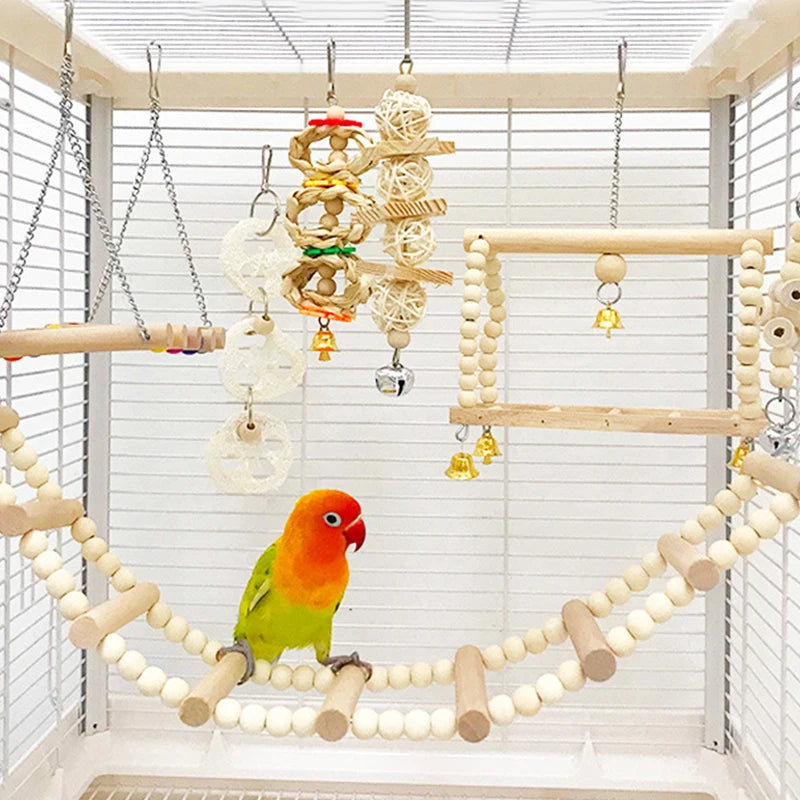 8 Pieces Combination Parrot Bird Toys Natural Wood Swing Perch Climb Toys for Bird Cage Pet Supplies