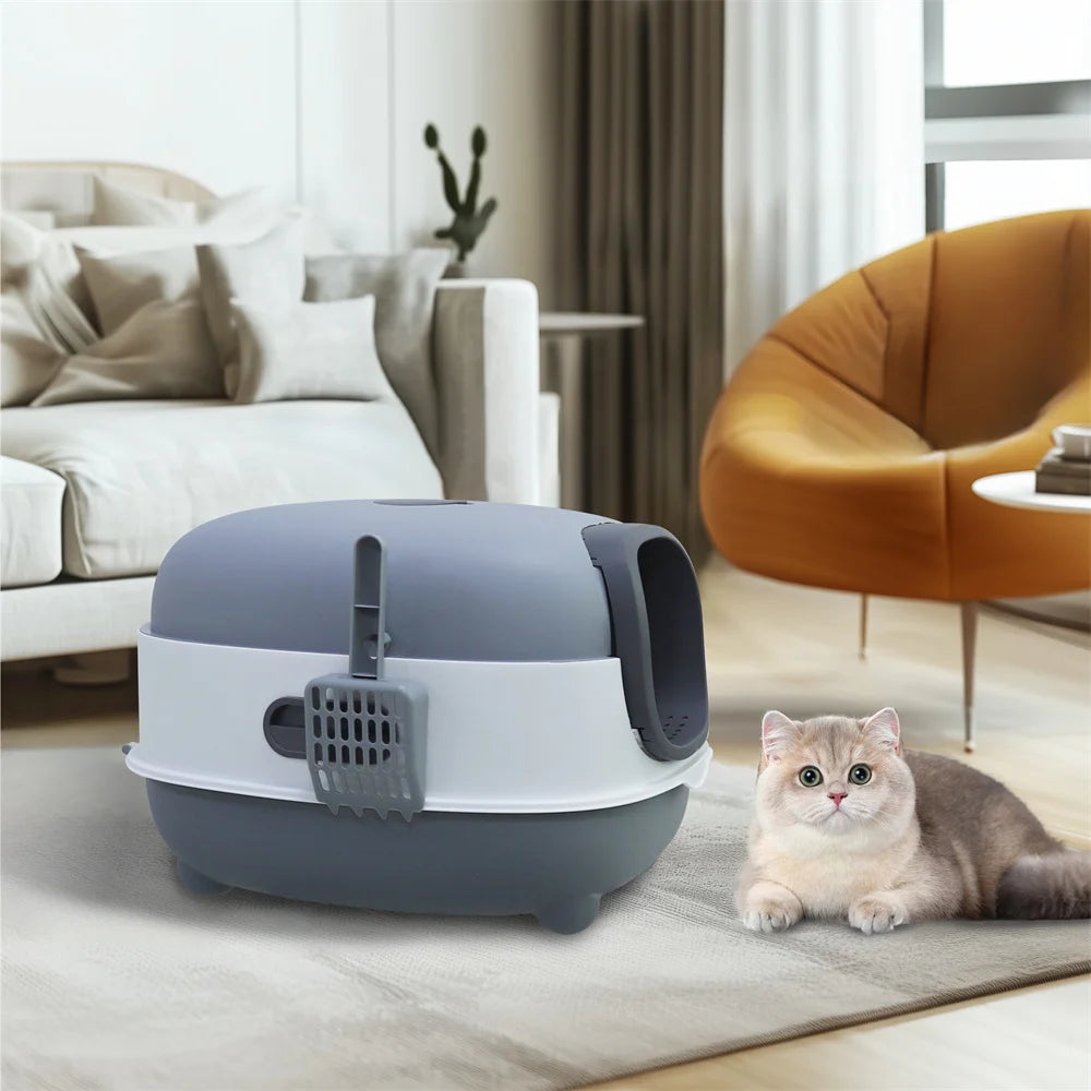 Large Cat Litter Box Enclosed with Scoop Odorless Hooded Litter Tray Deep Cat Toilet Pan Easy Clean Non-Stick