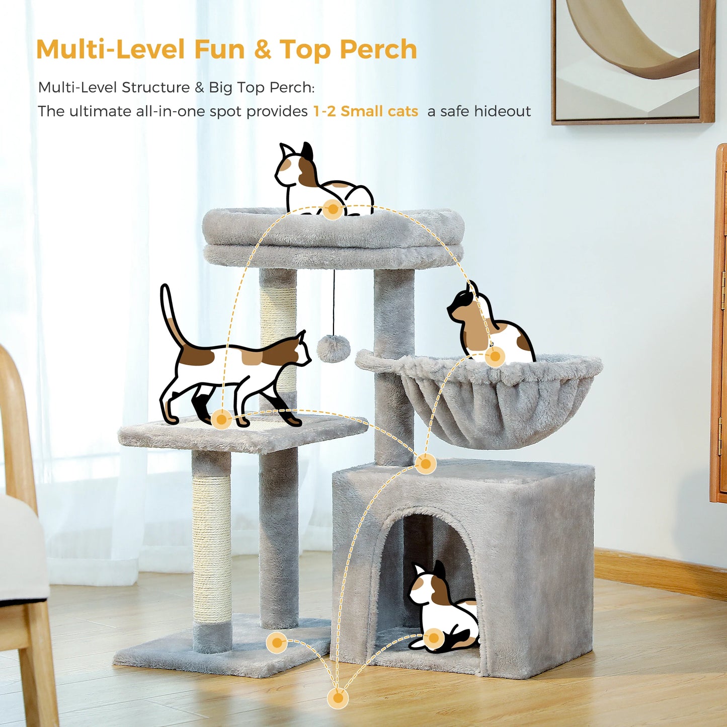 Cat Tree Cat Tower for Indoor Cats with Big Hammock Removable Top Perch and Scratching Posts Grey