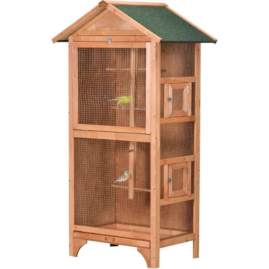 60 Inch Wooden Outdoor Bird Cage for Finches and Parakeets Large Bird Cage with Removable Bottom Tray and Four Perches Orange
