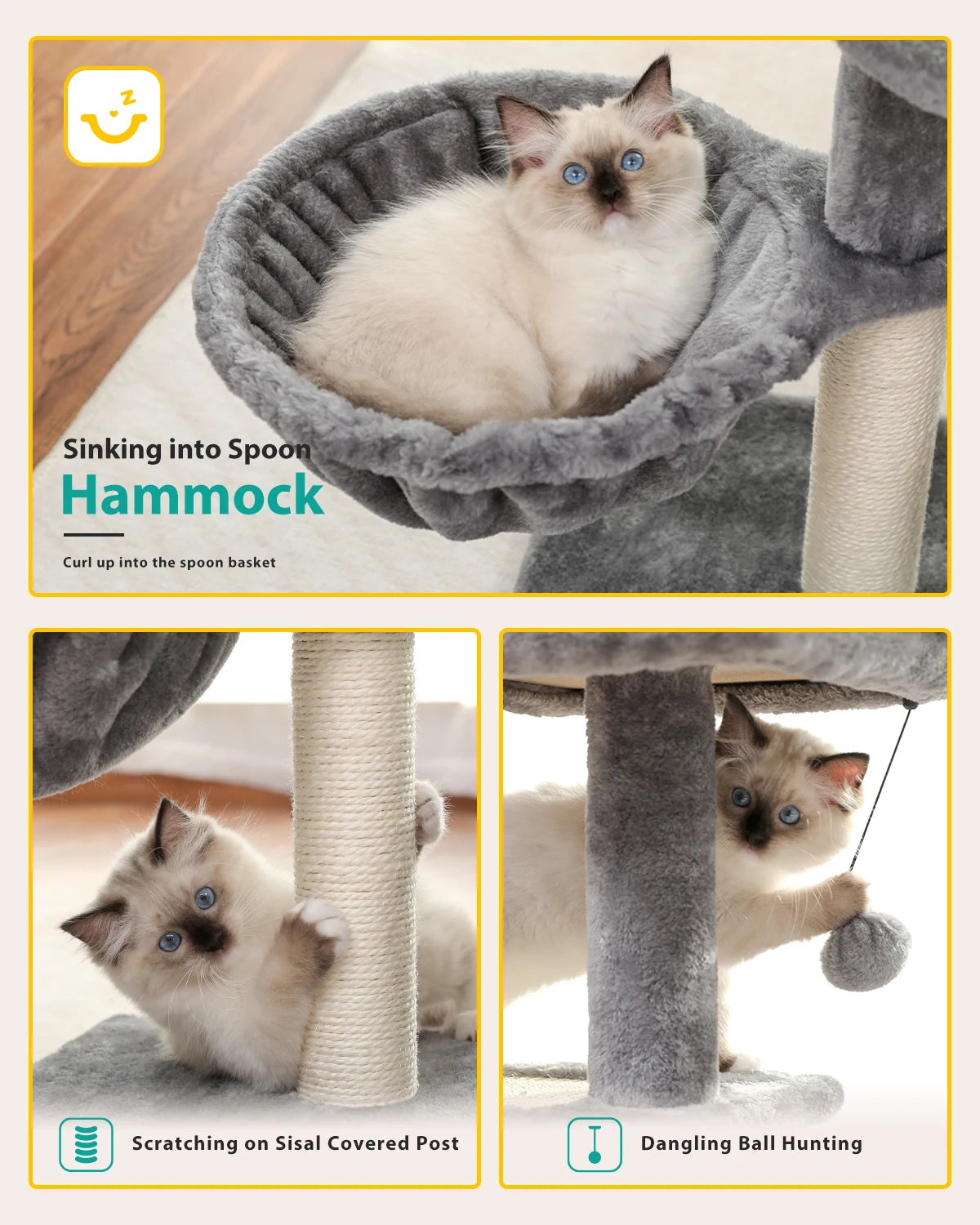 Cat Tree Cat Tower for Indoor Cats with Big Hammock Removable Top Perch and Scratching Posts Grey