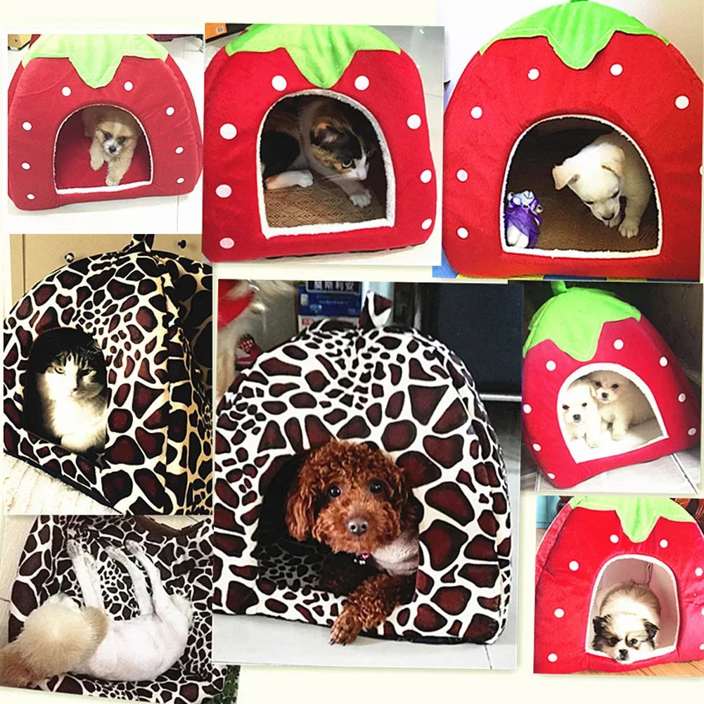 Small Dog Cat House Soft Pet Bed Kennel Strawberry Shape Puppy Tent Warm Cushion Basket for Kitten Sleeping