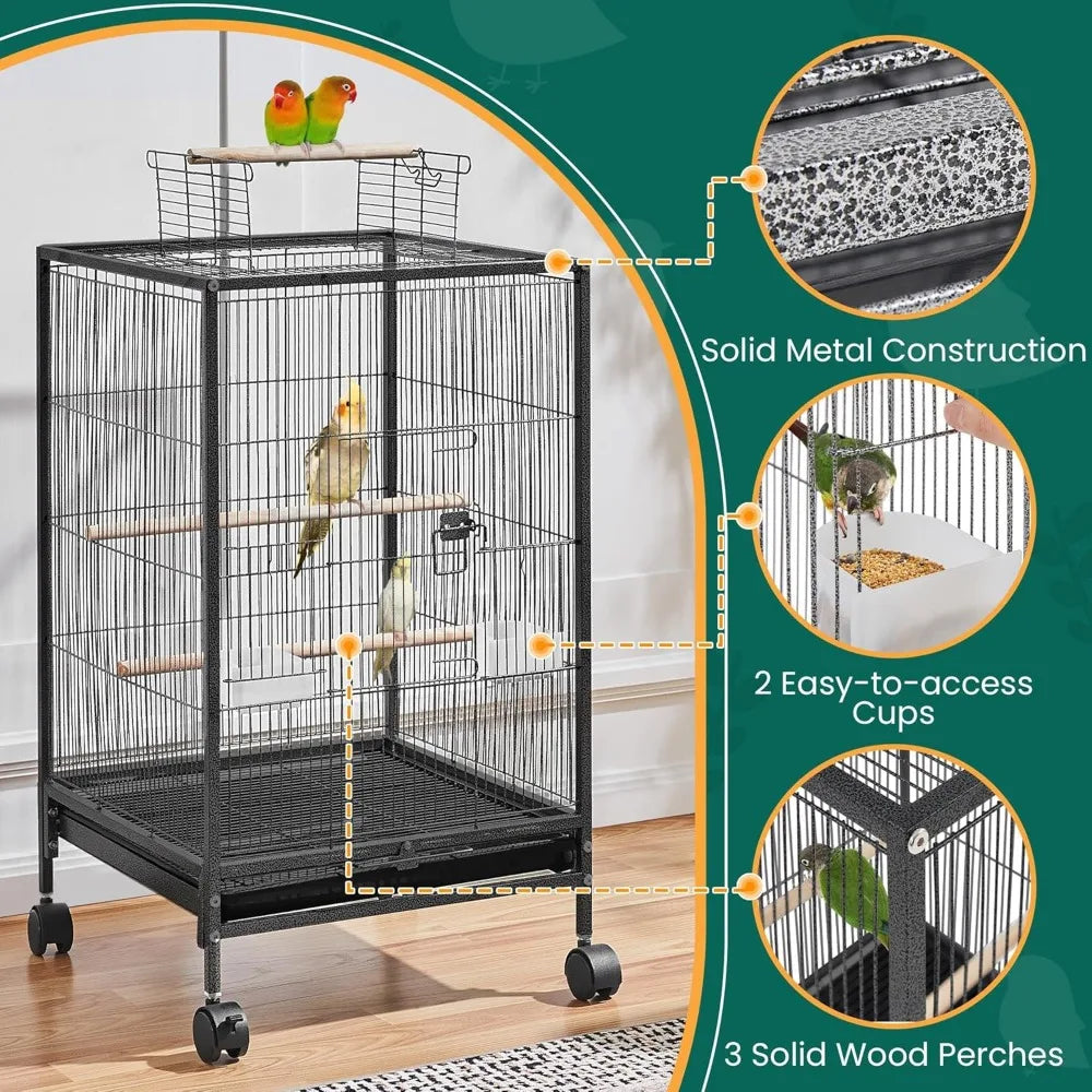 Wrought Iron Bird Cage w/Play Open Top and Rolling Stand for Small Birds Like Parrots Conure Lovebird Cockatie