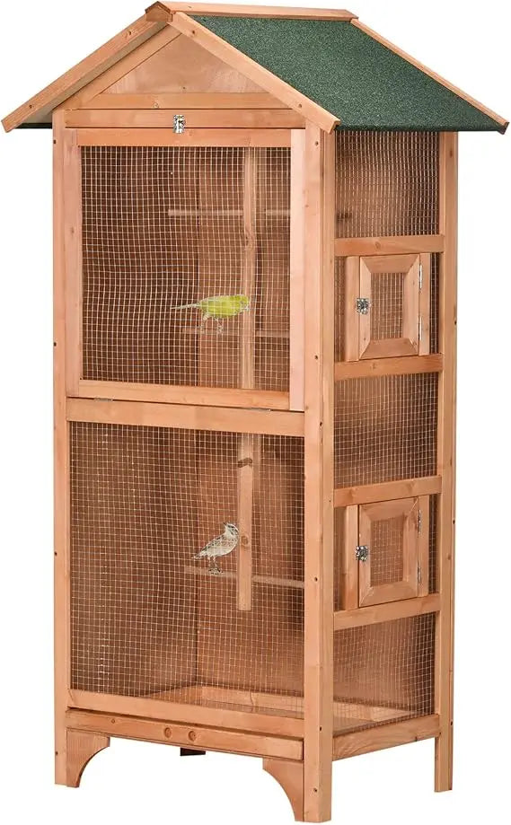 60 Inch Wooden Outdoor Bird Cage for Finches and Parakeets Large Bird Cage with Removable Bottom Tray and Four Perches Orange