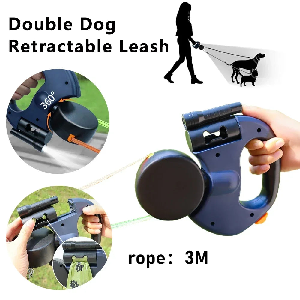 Retractable Dual Dog Leash With LED Light 360 Swivel