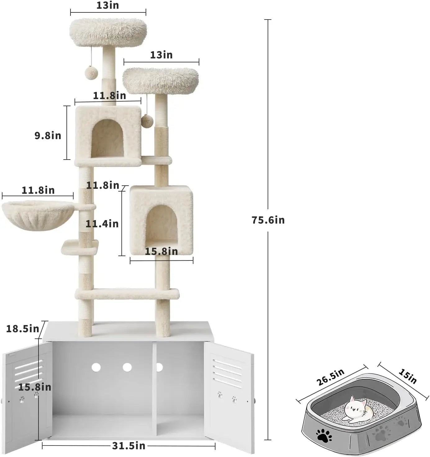 75.6 Inch Tall Cat Tree with Litter Box Enclosure 2 in 1 Modern Large Cat Tower for Indoor Cats with Double Condos and Scratching Posts