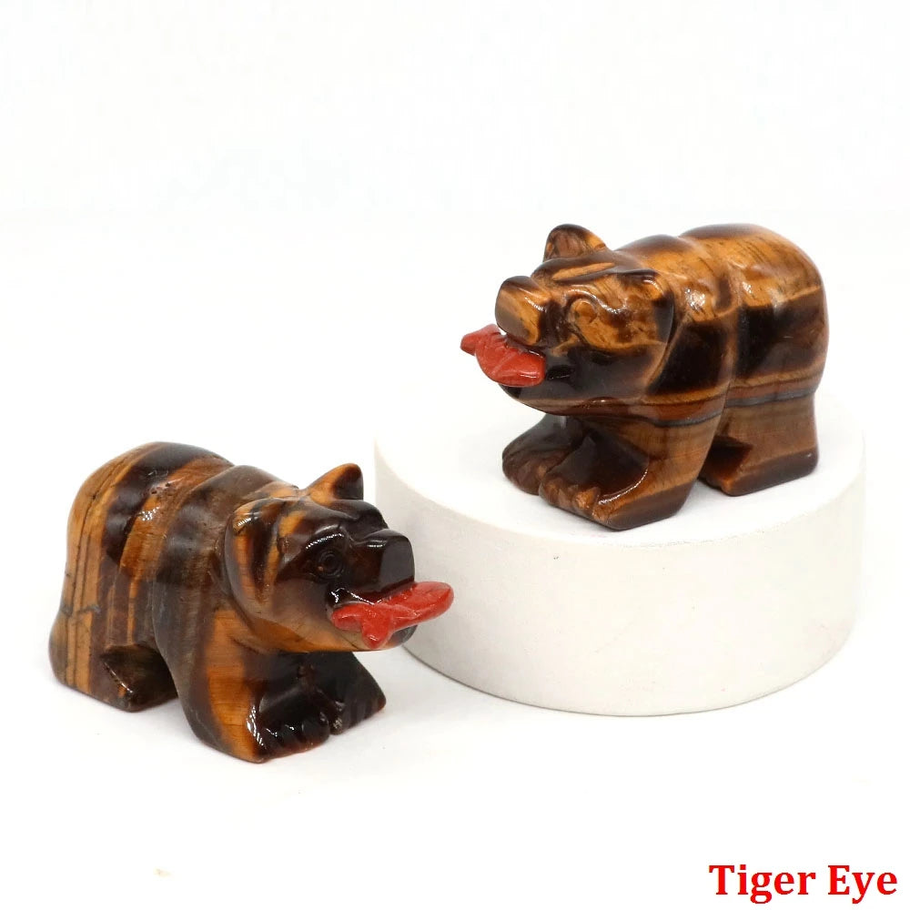 1.6" Natural Crystal Bear With Fish Figurine Healing Reiki Gemstone Carving Animal Statue Small Home Decoration Present Souvenir