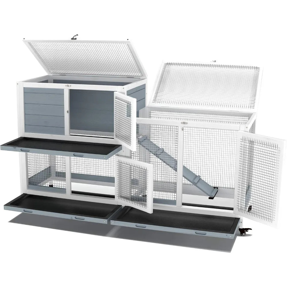 Two Floors 58" Wooden Indoor Bunny Hutch Rabbit Cage on Wheels Guinea Pig PET House for Small to Medium Animals Waterproof No L