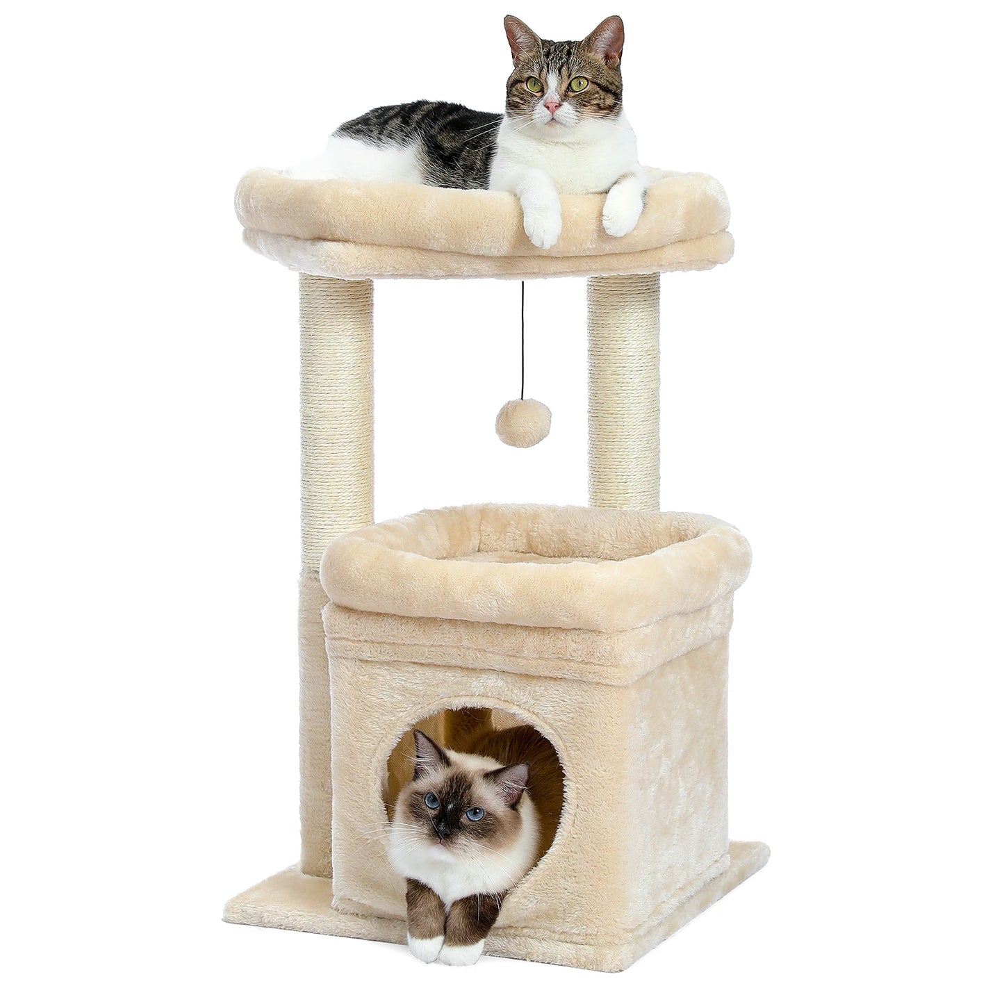 H228cm Cat Tree Toy Condo Multi-Layer Climbing Tower with Hammock Solid Wood Post for Cats