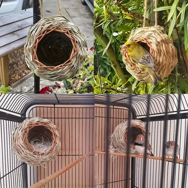 Hand Woven Natural Grass Bird Cage Bird House With Hanging Rope Handmade Bird Nest Shelter Hut Small Hideaway Pet Supplies 13cm