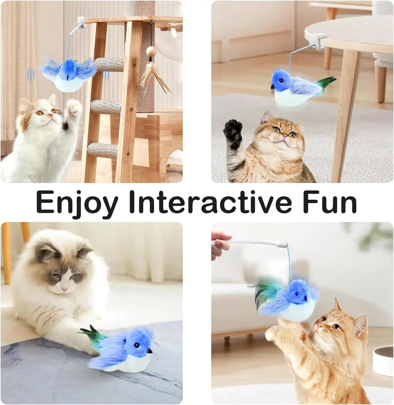 Migipaws Interactive Flapping Bird Cat Toys with Rod, clamp, Elastic String and Catnip, A