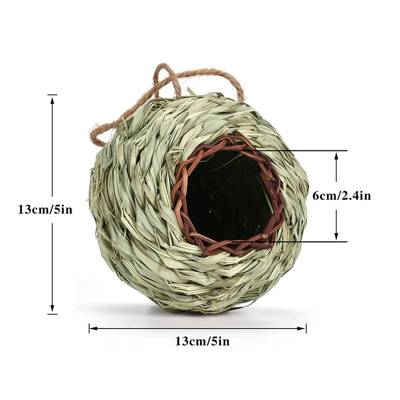 Hand Woven Natural Grass Bird Cage Bird House With Hanging Rope Handmade Bird Nest Shelter Hut Small Hideaway Pet Supplies 13cm