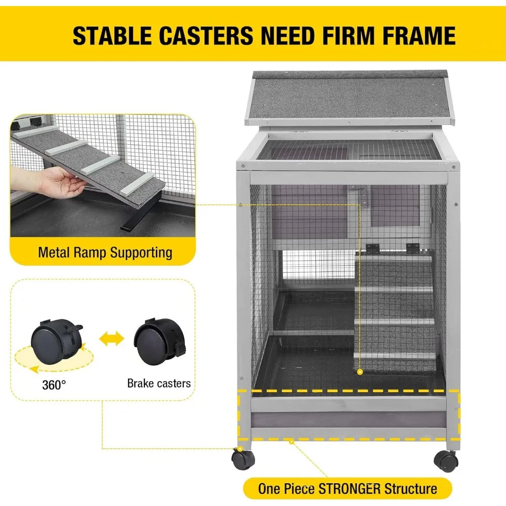 Farm Animals Outdoor Rabbit Hutch And Guinea Pig Cage With Casters And Waterproof Tray