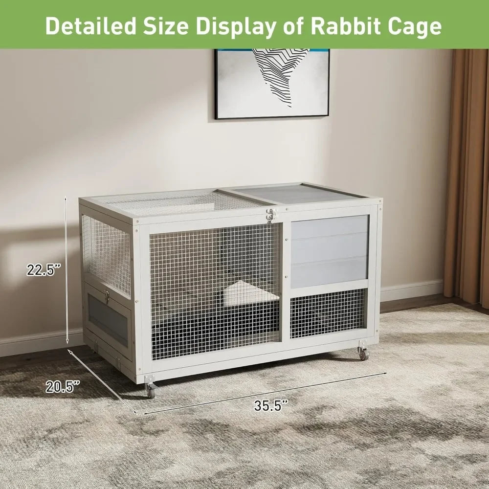 Fashionable Wood 36 Inch Rabbit Hutch Indoor on Wheels Bunny Cage Outdoor Rabbit Cage with Clean Tray and Openable Roof