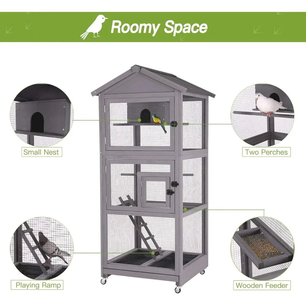 Outdoor Bird Aviary, Wooden Large Bird Cage on Wheels, Play Stand, Perches, Nest Habitat, Wire Mesh Included for Spacious Living