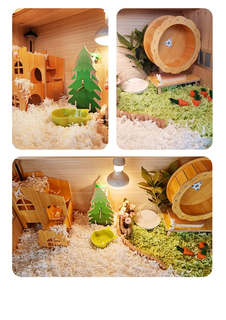 Wooden Hamster Cage Luxury Villa With Hideout Lock