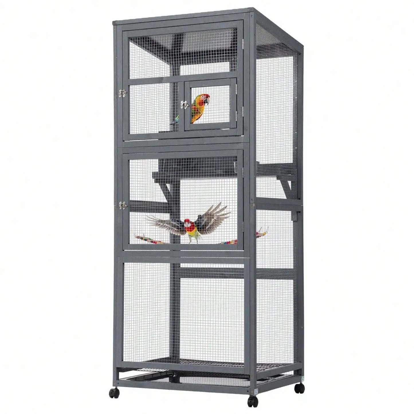 68 Inch Large Wood Bird Cage on Wheels Outdoor Aviary with Pull Out Tray