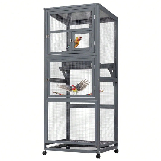 68 Inch Large Wood Bird Cage on Wheels Outdoor Aviary with Pull Out Tray