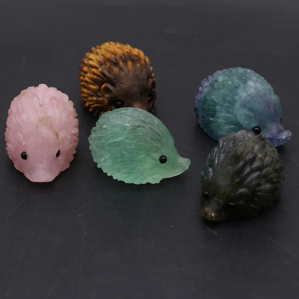 Natural Crystal Cute Animal Carved Hedgehog Statue, Rose Quartz, Tiger Eye Stone Crafts, Reiki Home Decoration, Ornaments