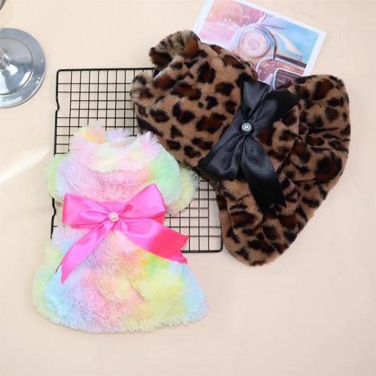 Winter Autumn Pet Warm Fashion Skirt Fleece Rainbow Candy Color Cute Plush Leopard Print Bow Dog Dress