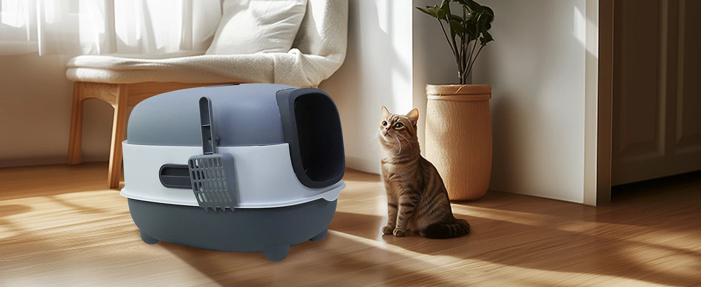 Large Cat Litter Box Enclosed with Scoop Odorless Hooded Litter Tray Deep Cat Toilet Pan Easy Clean Non-Stick