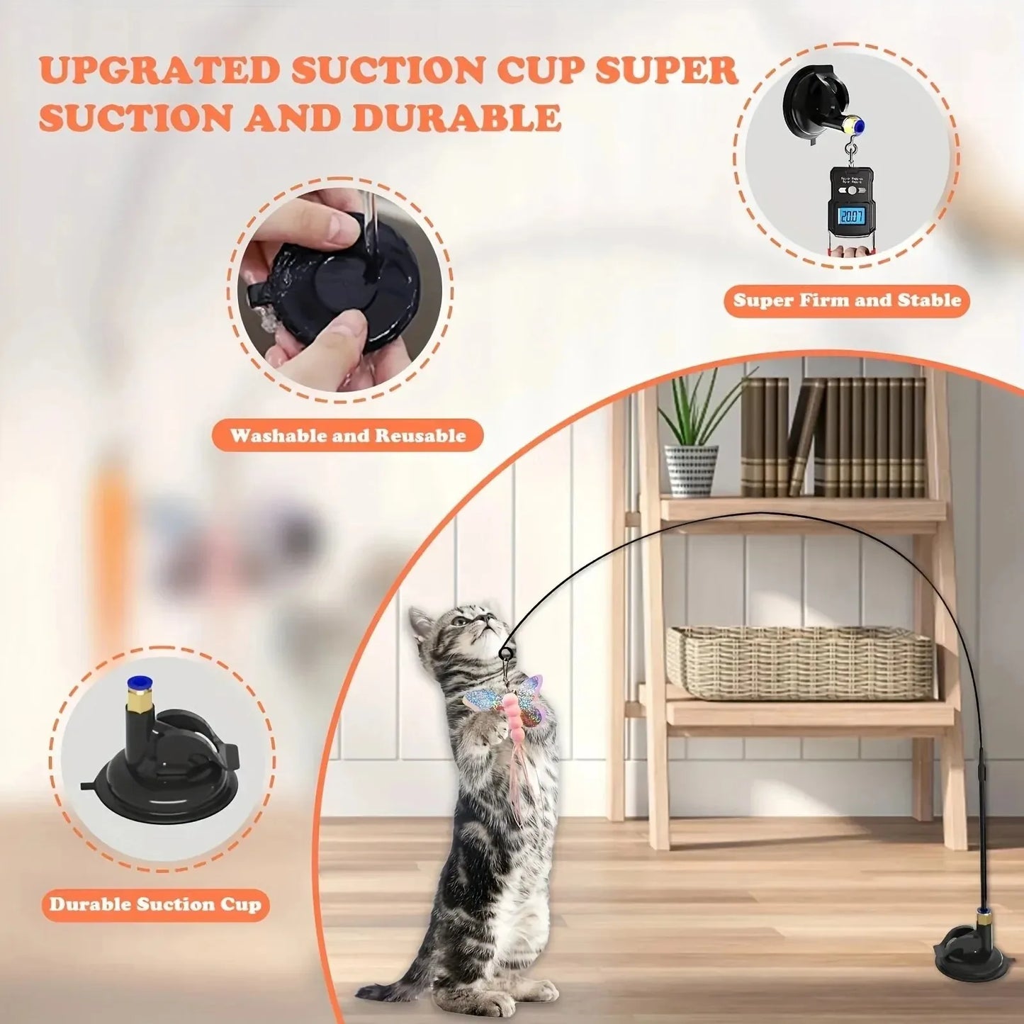 Cat Teaser Toy Cat Teaser Pole With Feather Bell Extended Rod Suction Cup Durable Bite Teaser Stick Replaceable Feather Head