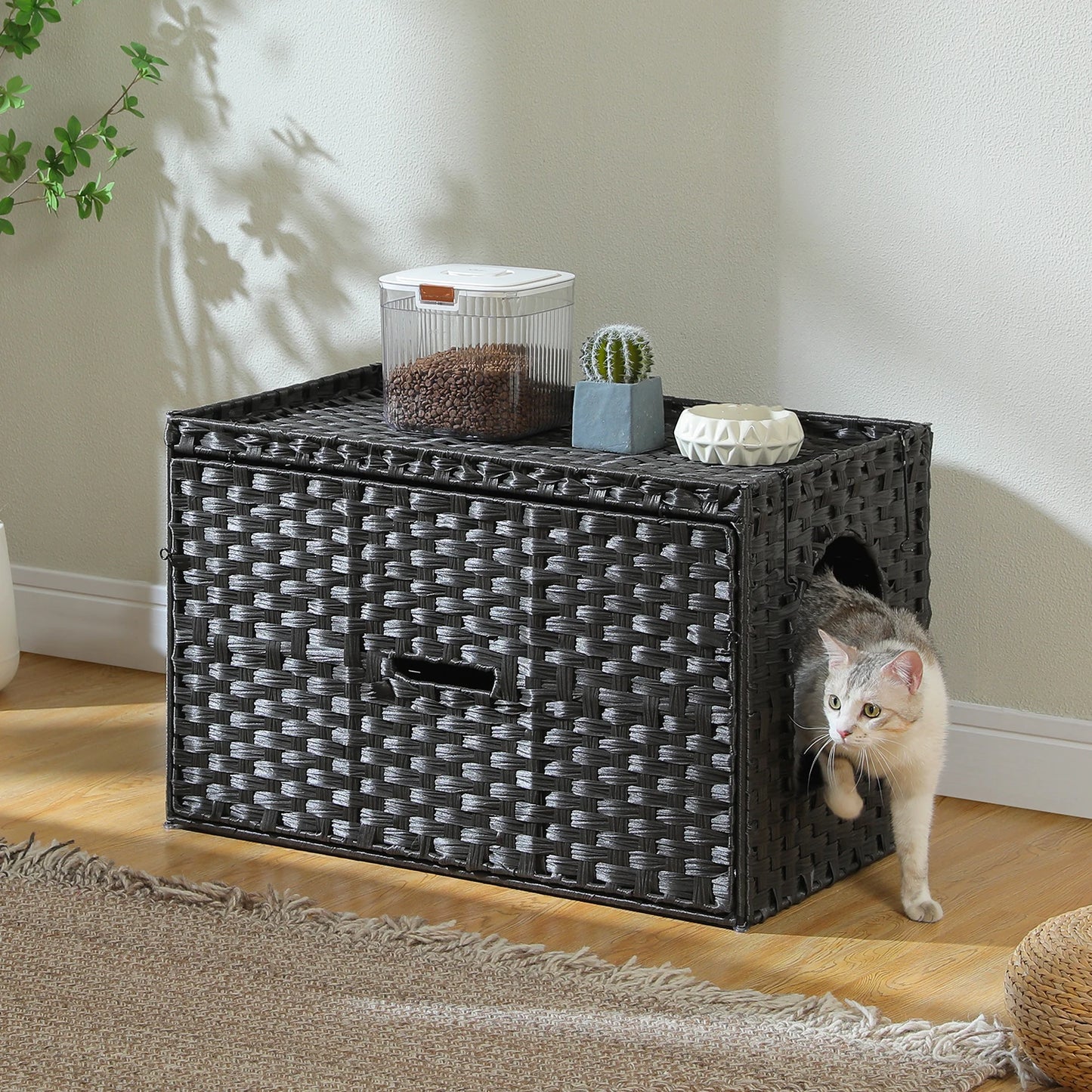PEQULTICN Rattan Cat Litter Box Enclosure With Tall Doorway