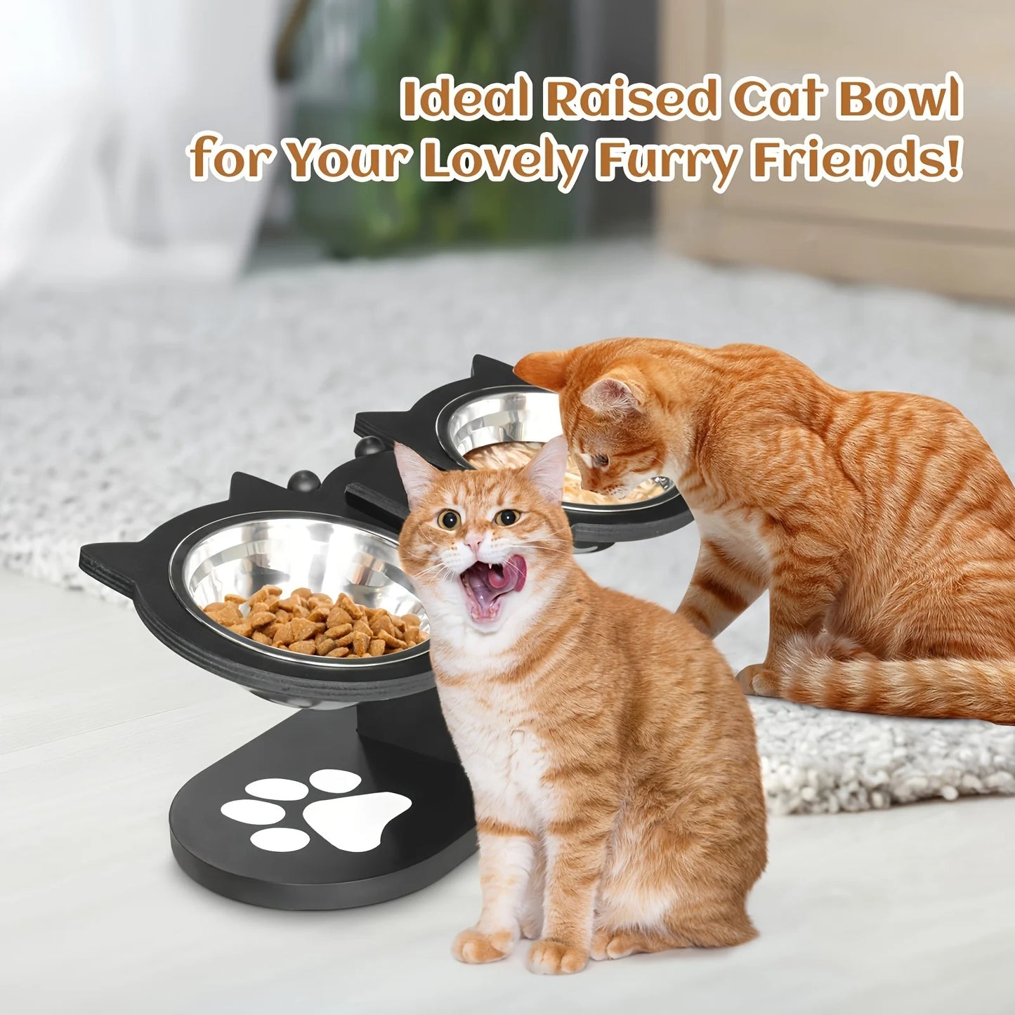 Raised Cat Bowls With Wooden Stand And Stainless Steel Bowls