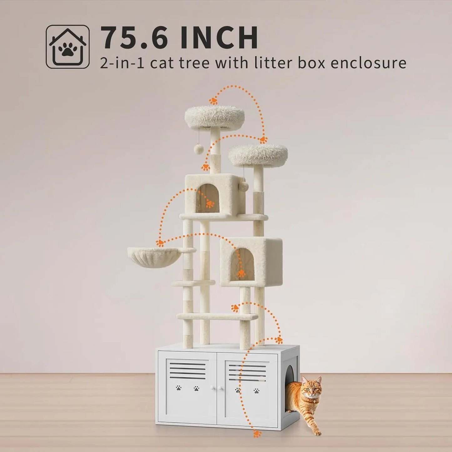 75.6 Inch Tall Cat Tree with Litter Box Enclosure 2 in 1 Modern Large Cat Tower for Indoor Cats with Double Condos and Scratching Posts