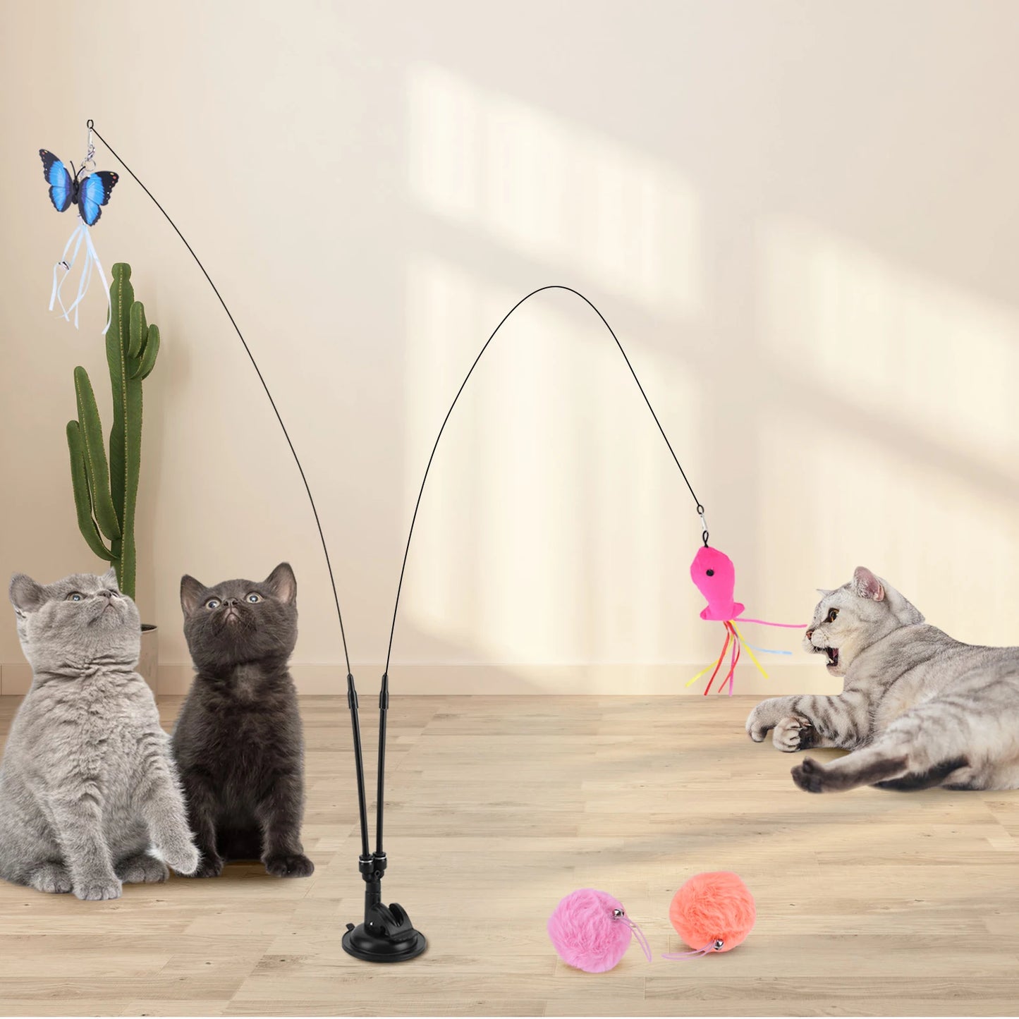 Pet Cat Toy Set Suction Cup Toy Set Double Headed Replacement Head Toy Suit Handfree Cat Toy Stick for Floor Glass Door Panel