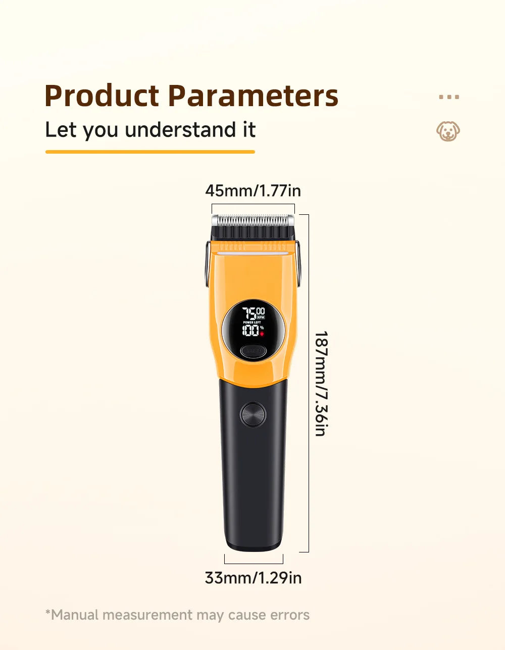 Pet Clipper Professional Dog Hair Trimmer Cat Grooming Shaver 7500 RPM LED Rechargeable Suitable for Large Medium and Small Pets