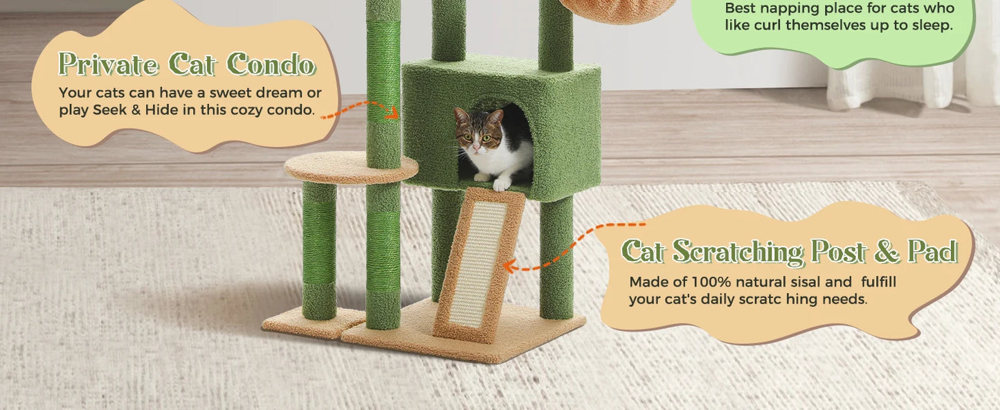 H135CM Cat Tree for Indoor Use with Sisal Scratching Posts Multi-Level Cat Tower with Spacious Condo and Hammock for Kittens