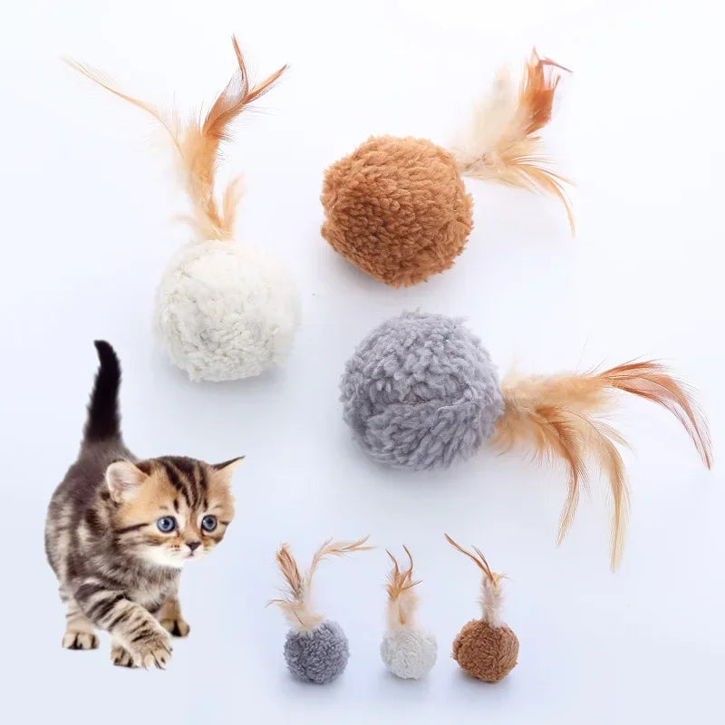 Cat Toy Plush Ball With Feathers Interactive Fun Chase Pet Supplies
