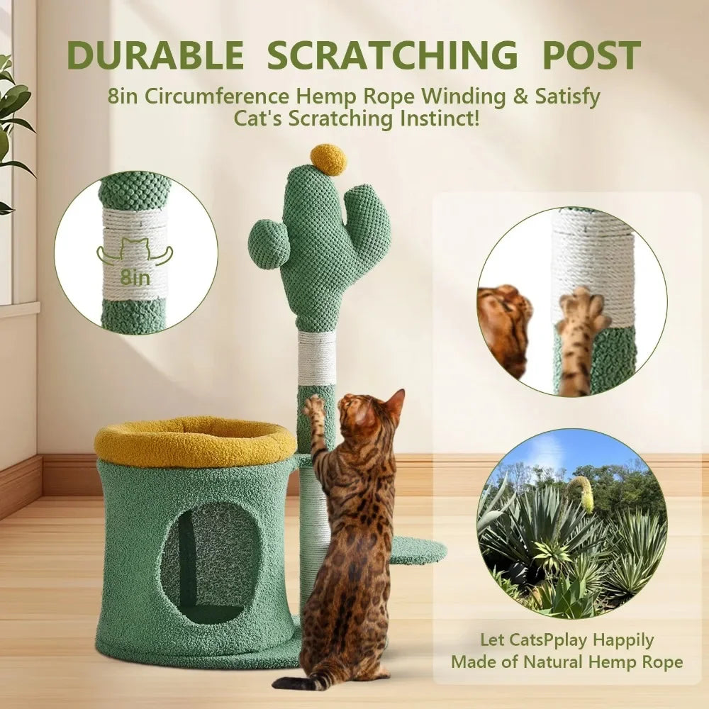 32 Inch Cat Tree with Cactus Cat Scratching Post Cozy Cat House for Indoor Cats Green