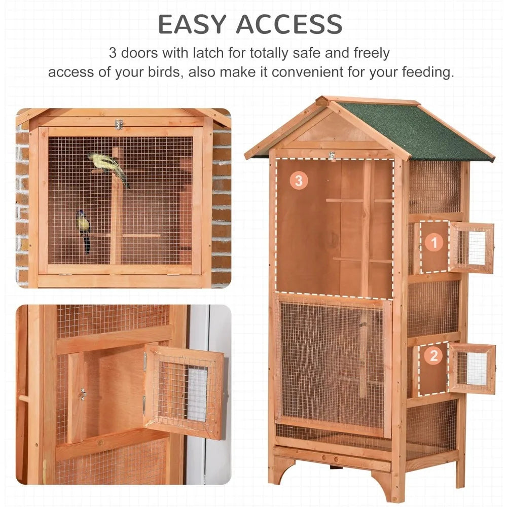 60 Inch Wooden Outdoor Bird Cage for Finches and Parakeets Large Bird Cage with Removable Bottom Tray and Four Perches Orange