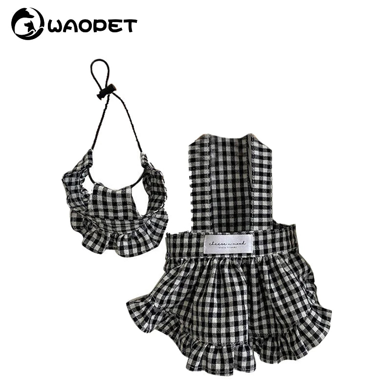 WAOPETCN Fashion Dog Clothes Plaid Skirt With Hat Set