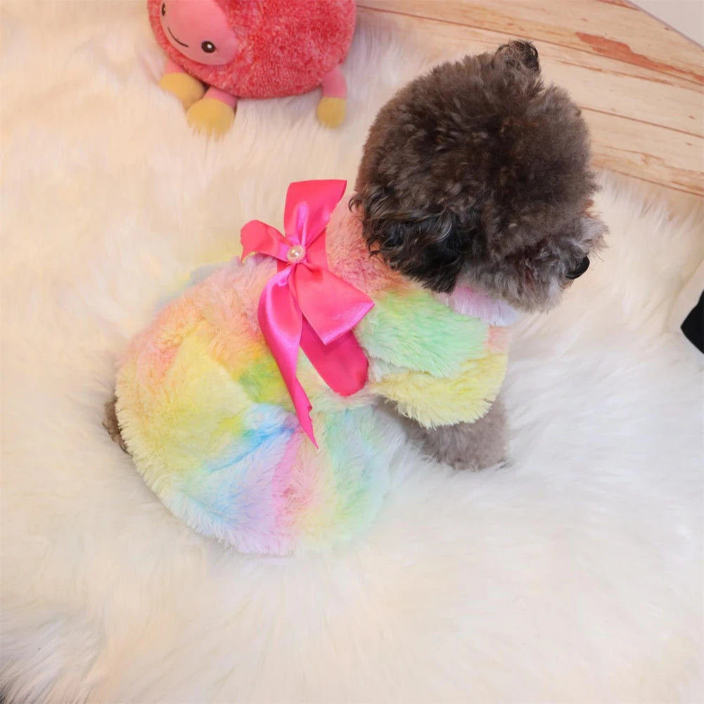 Winter Autumn Pet Warm Fashion Skirt Fleece Rainbow Candy Color Cute Plush Leopard Print Bow Dog Dress