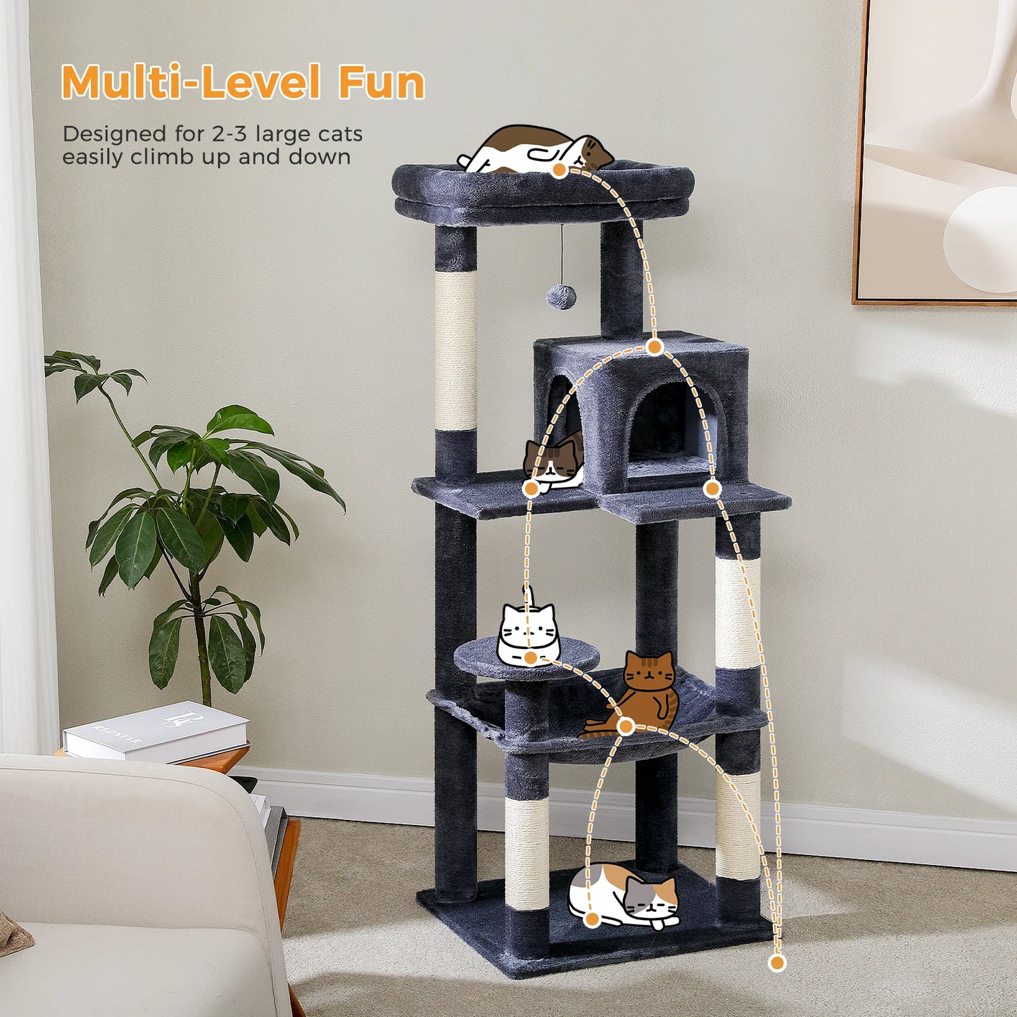 Cat Tree for Indoor Cats 5 Level Cat Tower with Large Hammock and Cozy Condo for Large Cats