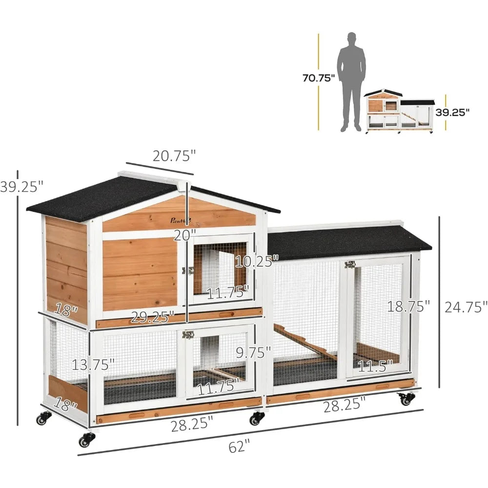 62 Inch Rabbit Hutch Wooden Bunny Hutch Guinea Pig Cage Small Animal Enclosure with Wheels Run Area Removable Tray Asphalt Roof