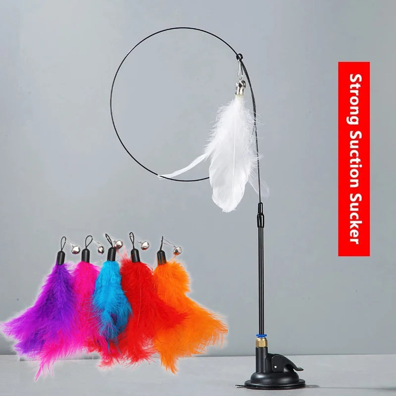Cat Teaser Toy Cat Teaser Pole With Feather Bell Extended Rod Suction Cup Durable Bite Teaser Stick Replaceable Feather Head
