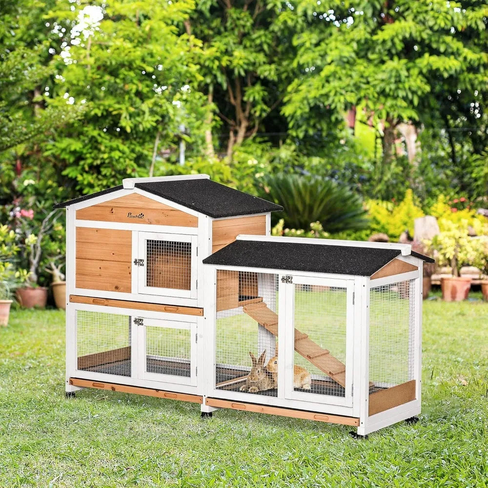 62 Inch Rabbit Hutch Wooden Bunny Hutch Guinea Pig Cage Small Animal Enclosure with Wheels Run Area Removable Tray Asphalt Roof