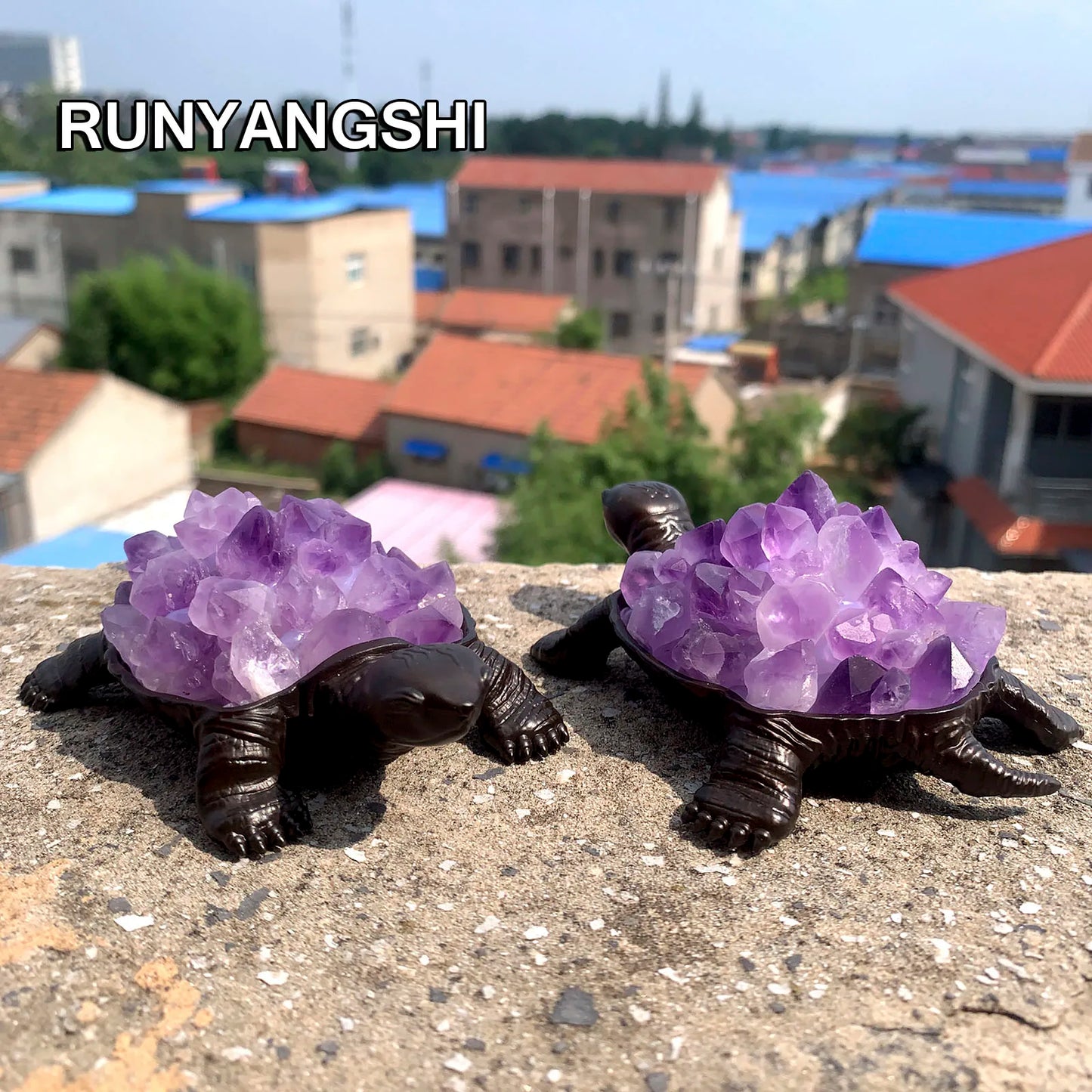 1PC Natural Amethyst Flowers Cluster Purple Quartz Carved Tortoise Animal Figurines Energy Gemstones Home Decoration