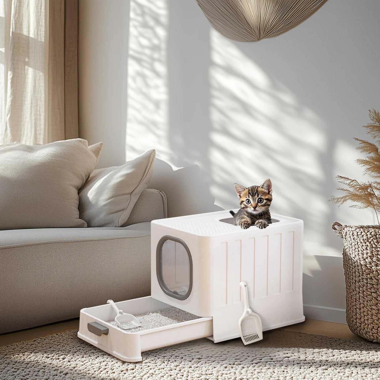 Bingopaw Cat Litter Box with Lid Enclosed Potty Large Top Entry Anti Splashing Toilet Easy to Clean with Litter Scoop