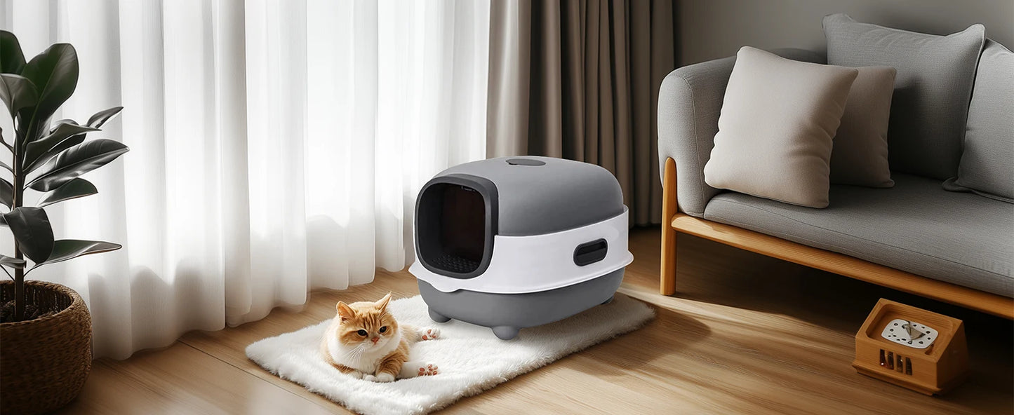 Large Cat Litter Box Enclosed with Scoop Odorless Hooded Litter Tray Deep Cat Toilet Pan Easy Clean Non-Stick