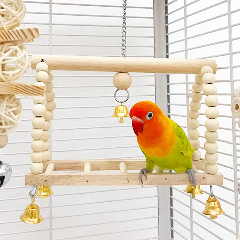 8 Pieces Combination Parrot Bird Toys Natural Wood Swing Perch Climb Toys for Bird Cage Pet Supplies