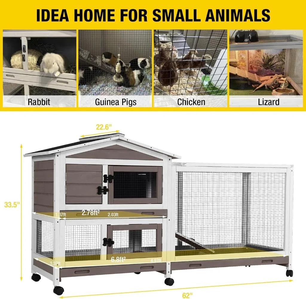 Rabbit Hutch 62 Inch Cage On Wheels Pull Out Trays Indoor