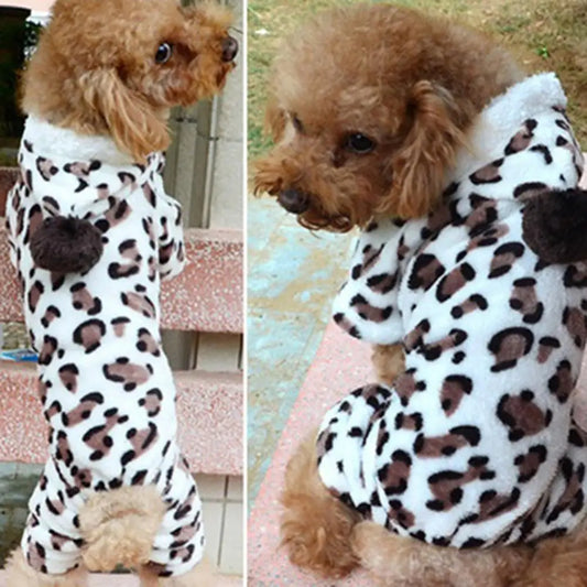 Dog Hoodie Hooded Flannel Winter Warm Leopard Printed Pet Puppy Jumpsuit Pajamas Outwear for Home