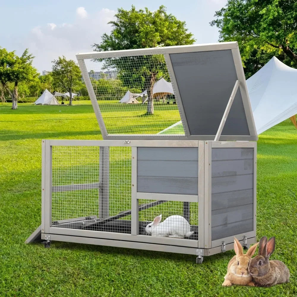 Fashionable Wood 36 Inch Rabbit Hutch Indoor on Wheels Bunny Cage Outdoor Rabbit Cage with Clean Tray and Openable Roof