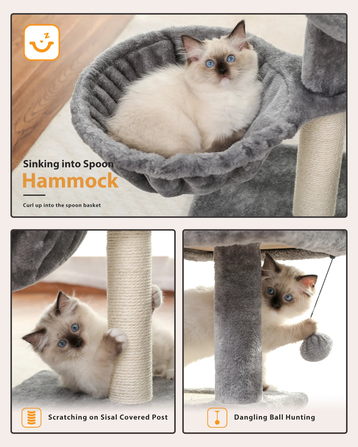 H228cm Cat Tree Toy Condo Multi-Layer Climbing Tower with Hammock Solid Wood Post for Cats